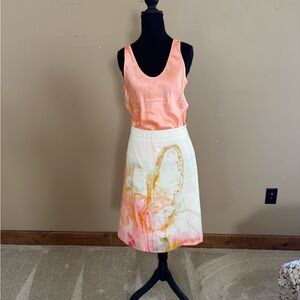 Abstract Print A-Line Skirt - Cream and Pink
